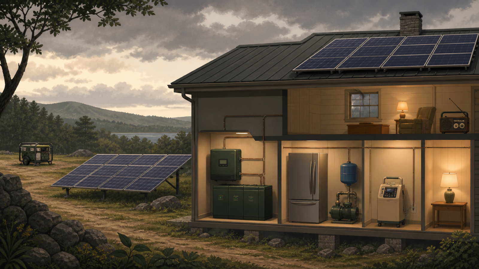 Illustrated off-grid power setup with solar panels, battery storage, inverter, lights, refrigerator, and manual load checklist