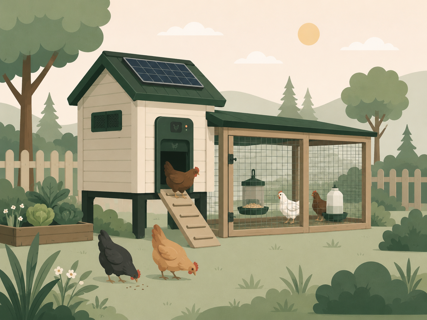 Illustration of an automated backyard chicken coop