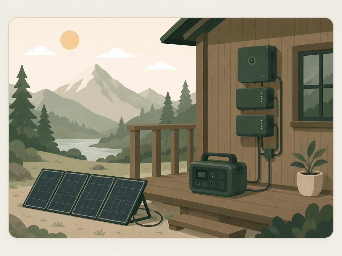 Illustration of solar panels, a power station, and off-grid power equipment