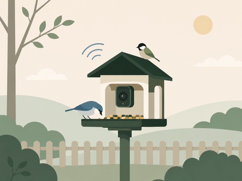 Illustration of a smart bird feeder with an integrated camera
