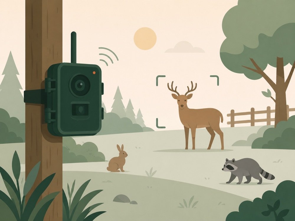Illustration of a wildlife camera monitoring animals outdoors
