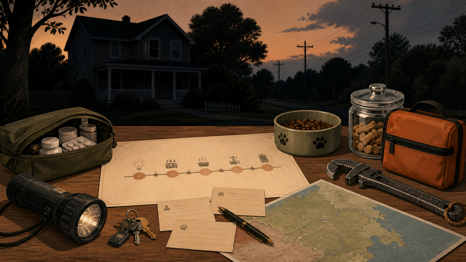 Illustrated household planning table with outage timeline, maps, paper contacts, and emergency supplies