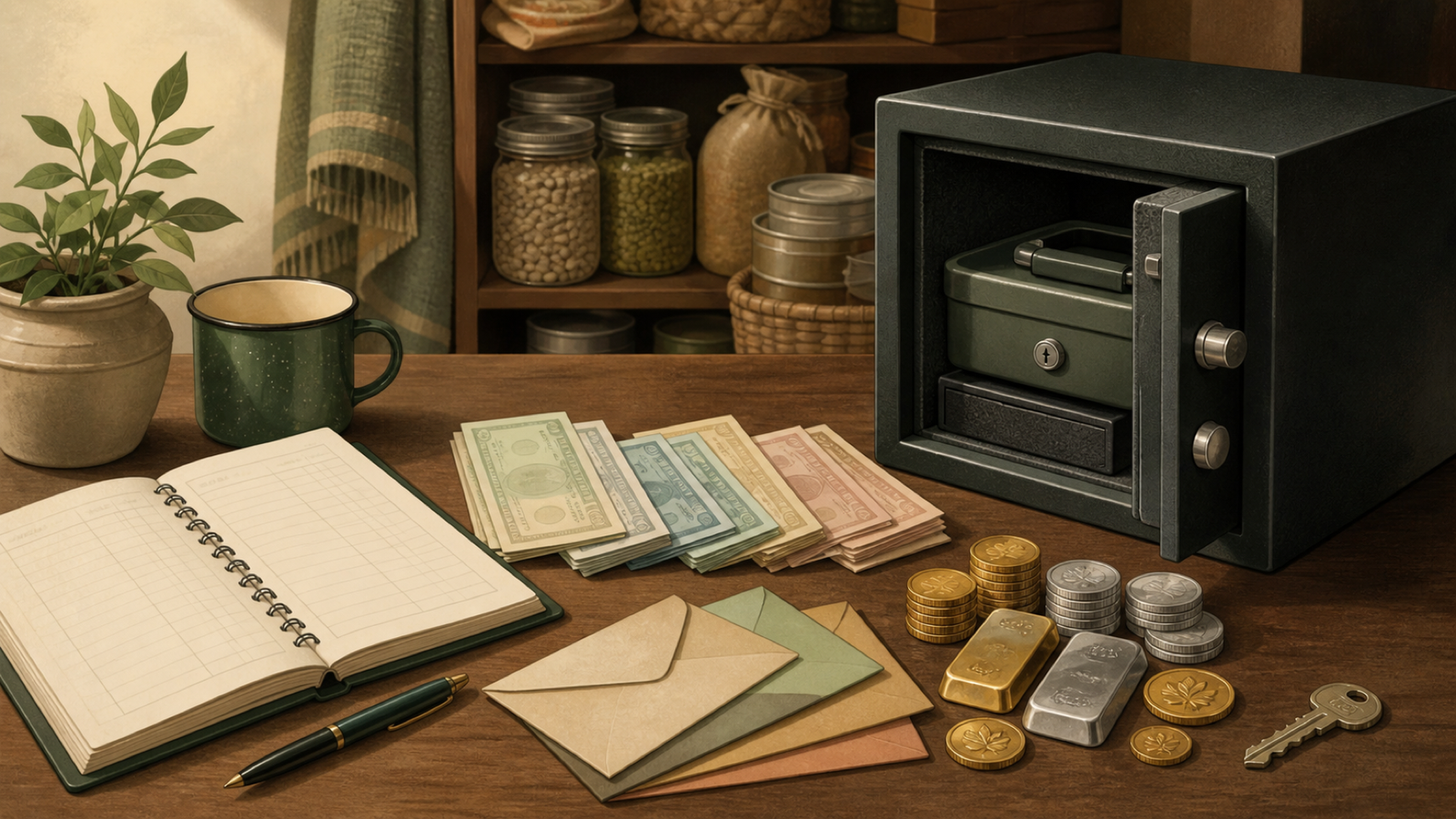 Illustrated secure home reserve with physical cash, gold coins, silver coins, expense ledger, and lockbox