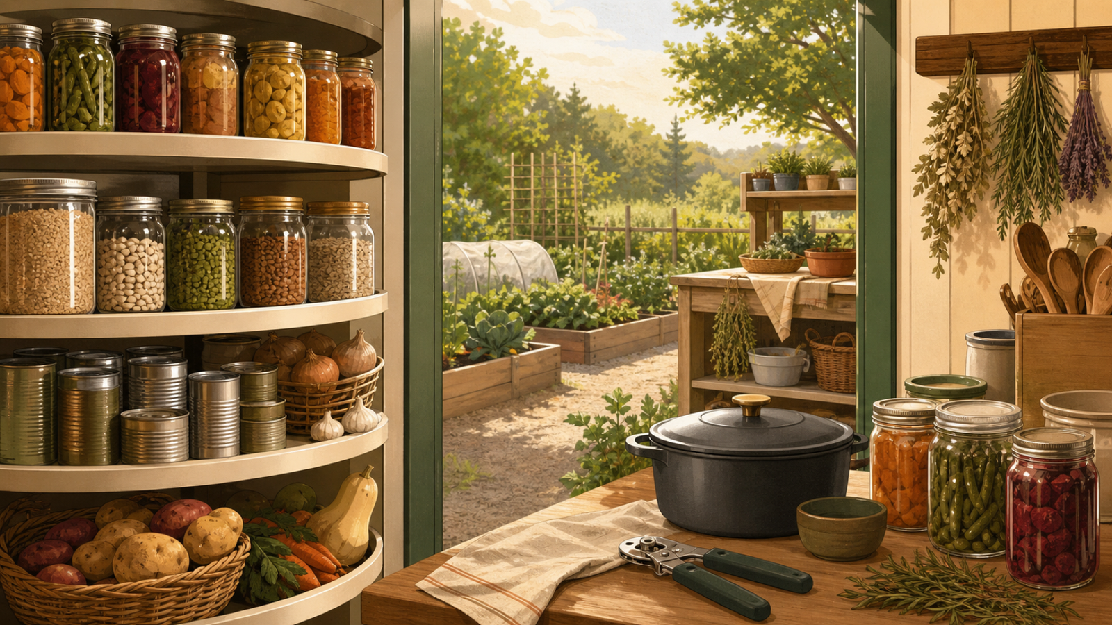 Illustrated rotating pantry with grains, canned food, root vegetables, preserved jars, cooking equipment, and garden harvest