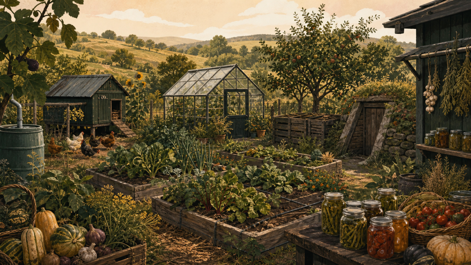 Illustrated productive homestead with garden beds, greenhouse, fruit trees, compost, rain irrigation, chickens, and food storage