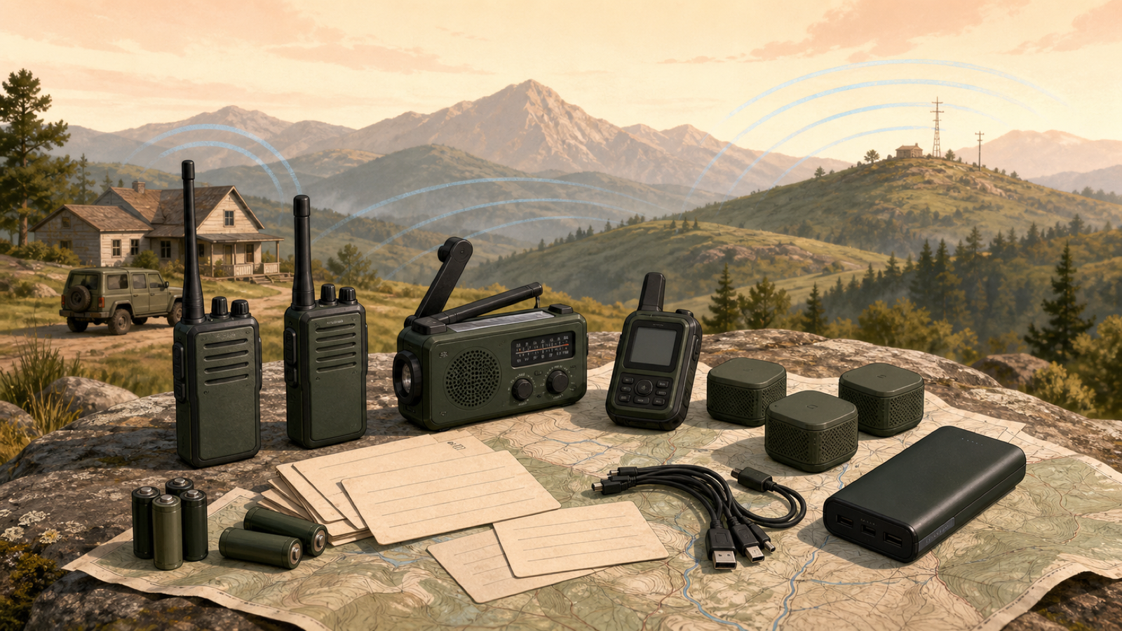 Illustrated layered communications kit with paper contact plan, battery radio, handheld radios, satellite messenger, spare batteries, and map