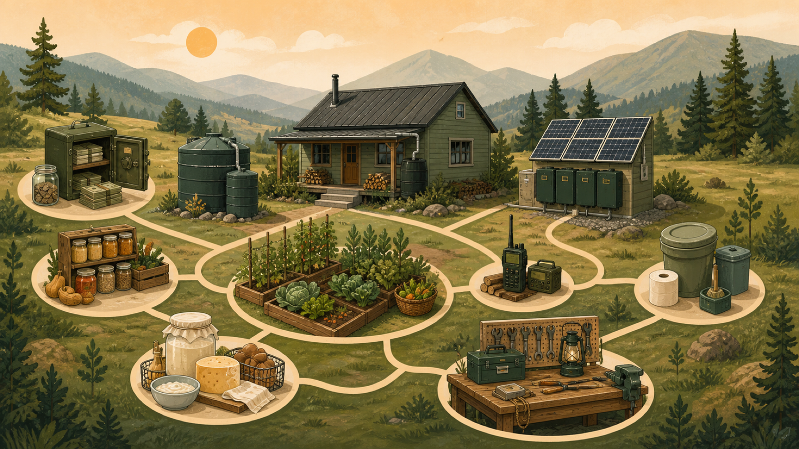 Illustrated homestead showing linked money, water, food, power, communications, sanitation, growing, and repair systems