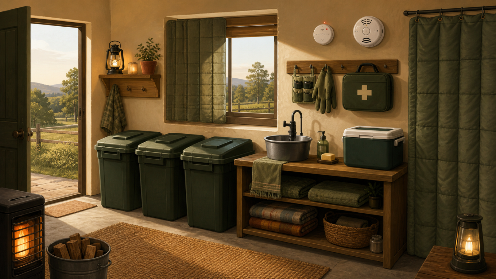 Illustrated household sanitation and shelter supplies with wash station, covered waste containers, first aid, medicine cooler, blankets, and safe ventilation