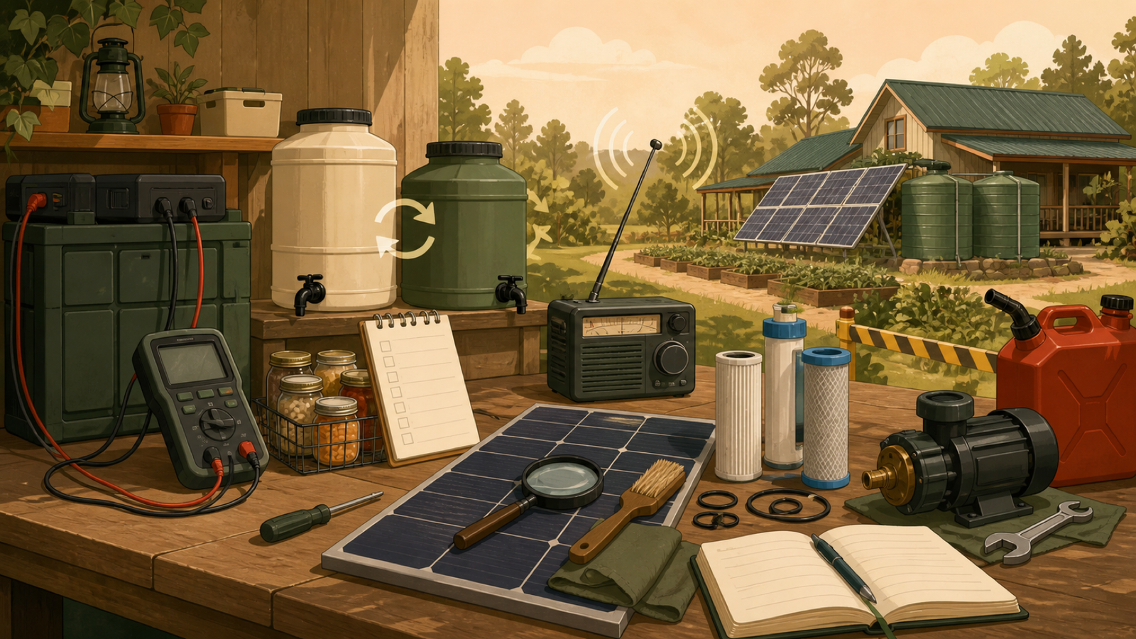 Illustrated household maintenance day with battery testing, water rotation, pantry inventory, radio check, solar inspection, and repair log