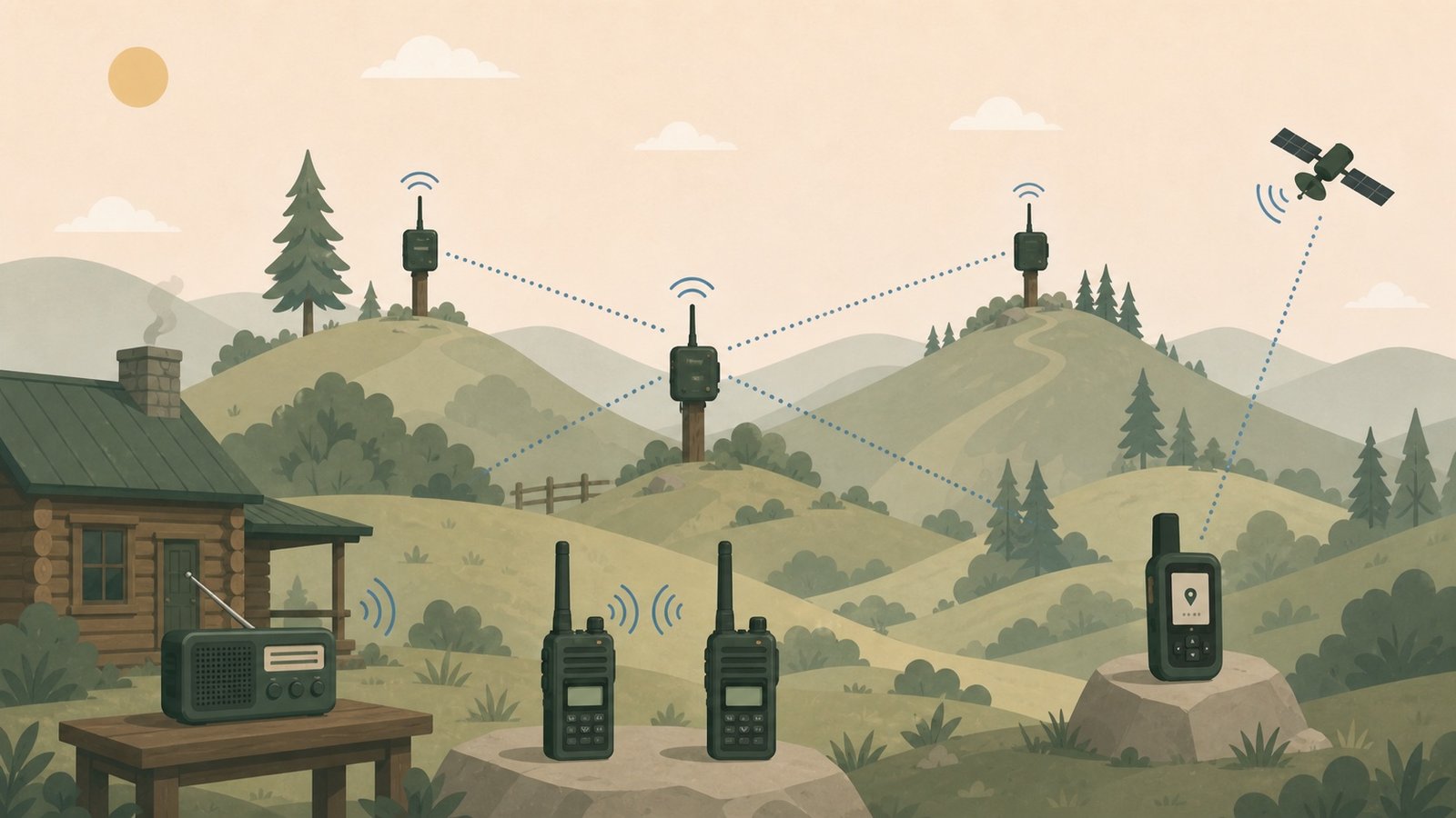 Illustrated layered off-grid communications system with GMRS radios, mesh nodes, satellite messenger, and weather radio