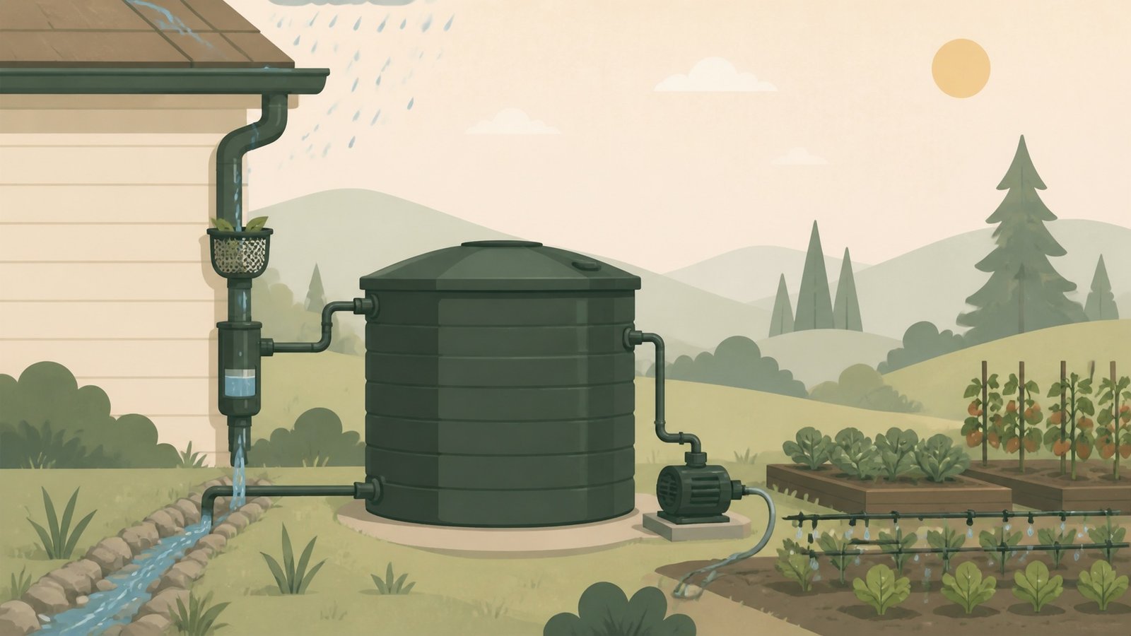 Illustrated rainwater collection system with roof catchment, first-flush diverter, covered tank, pump, overflow, and drip irrigation