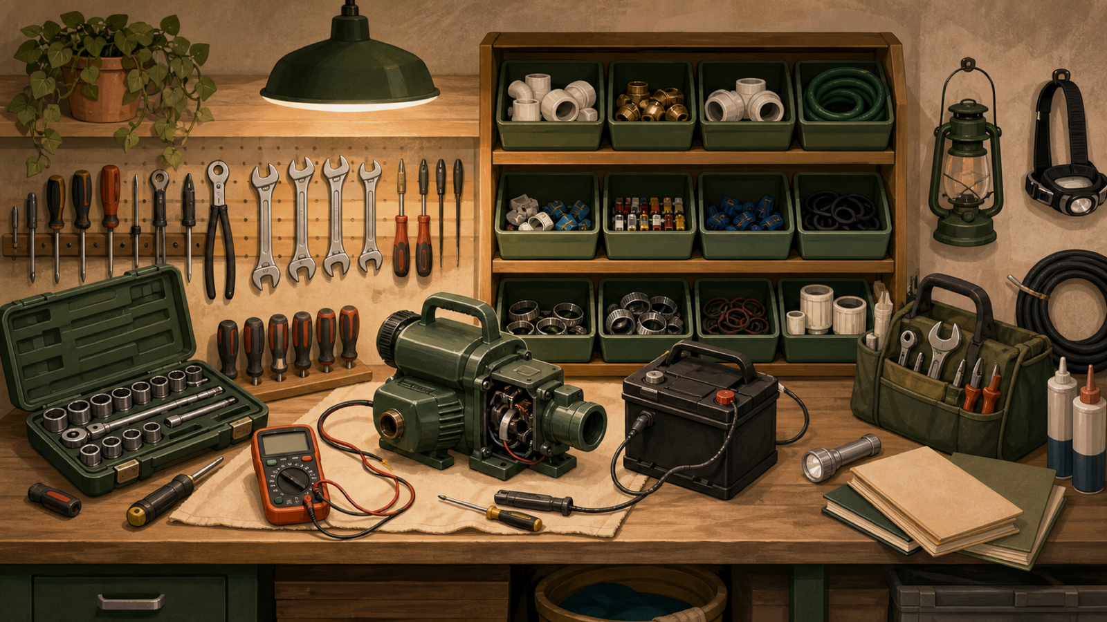 Illustrated repair bench with hand tools, multimeter, plumbing fittings, electrical fuses, filters, manuals, and labeled spare parts