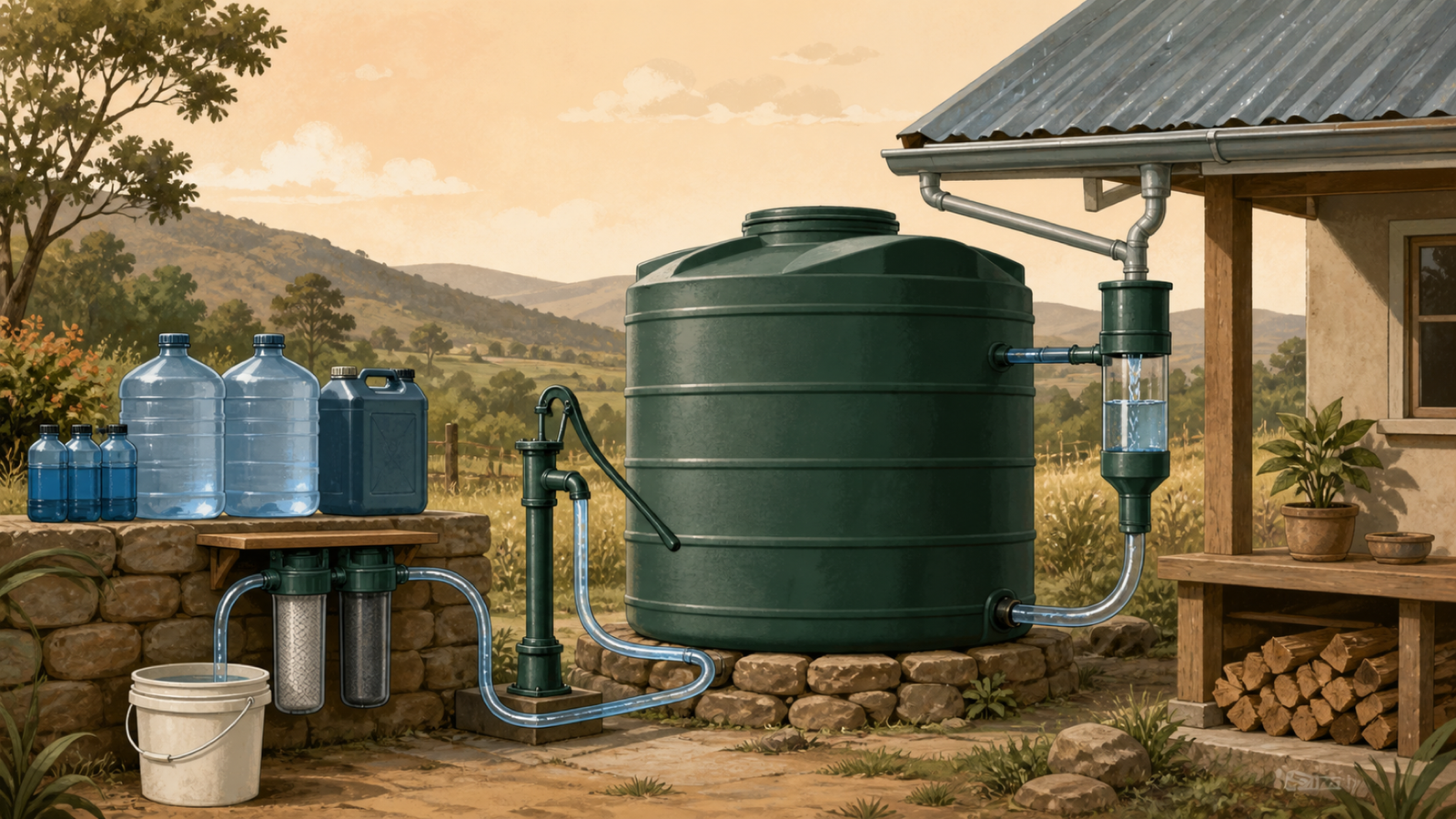 Illustrated off-grid water system with sealed storage containers, rain catchment, filters, pump, and gravity-fed tank